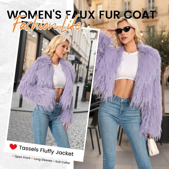Women's Fur Coats Cropped Faux Fuzzy Warm Jacket Fluffy Fall Coat Purple Grey - Picture 3 of 5